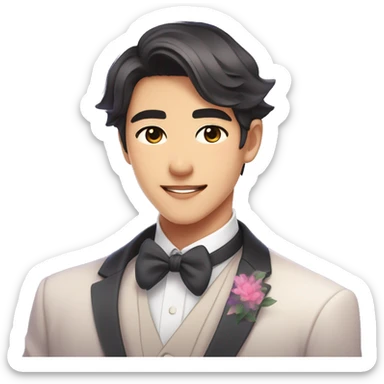 Gorgeous romantic anime style Asian formal modern gentlemanly guy with and flowers and blushing face aesthetic trending style outside with colorful gradient colors sticker
