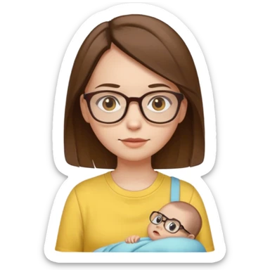 female with white skin. Shoulder length straight brown hair. Brown eyes with glasses. Female wearing baby yellow shirt. sticker