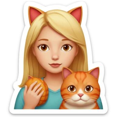 realistic portrait of blonde girl with fat red cat sticker