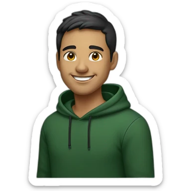 Light skin smiling indian guy with black middle part hairstyle wearing dark green hoodie sticker