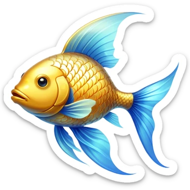 Ethereal golden fish symbol glowing with soft radiance, surrounded by a subtle blue aura. The fish has flowing, graceful lines with shimmering scales and translucent fins that appear to be moving in water. sticker
