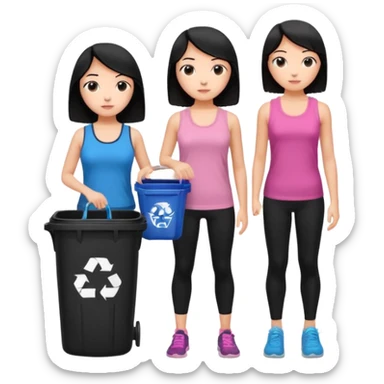 generate a genmoji of a black haired girl in a pink tank top and black leggings holding a black trash bag. Standing with her is a brunette girl in a similar blue tank top and black leggings.
Standing in front of a dustbin sticker