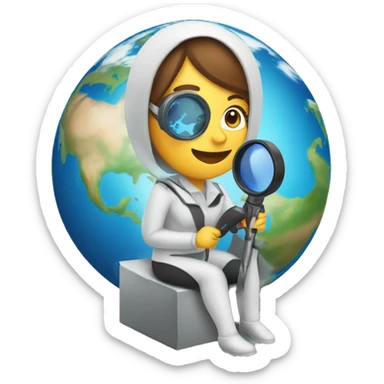 woman riding a rocket with a magnifier in her hand and the planet earth on top sticker