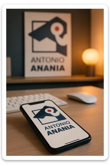 A photo of an iPhone on the desk with the logo of "Antonio Anania" on its screen, The phone sits atop a desk with a blurred with the logo in the background that suggests work environment. A faint glow from above casts gentle shadows across the surface of each object, creating depth and highlighting their textures sticker