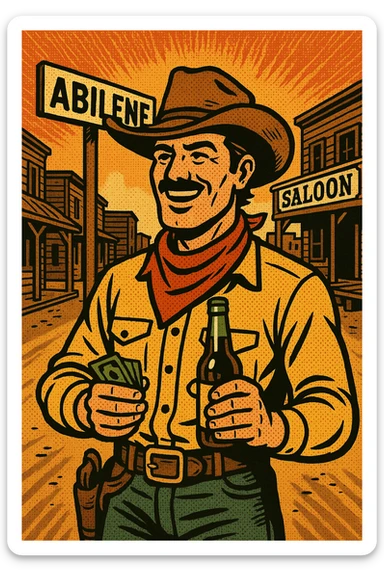 An American West cowboy standing in the Wild West town of Abilene in front of a saloon.  There is a street sign saying Abilene. The cowboy is holding a bottle of beer and his pay looking happy. sticker