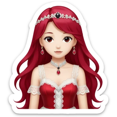 Beautiful shiny Gorgeous Anime Lady with long hair with a beautiful white silky lace dress and rubies and onyx gems  sticker