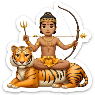 Ayyappa sitting on tiger with bow and arrow and wearing a gold and king dress sticker