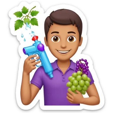 guy holding water gun and grapes with a creepy smile sticker