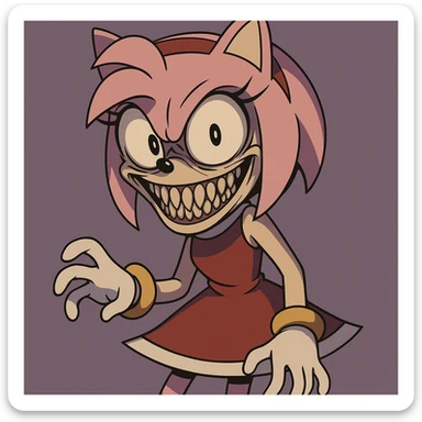 Amy Rose, Sonic character, creepy expression, exaggerated horror features, unsettling smile, dramatic shadows sticker