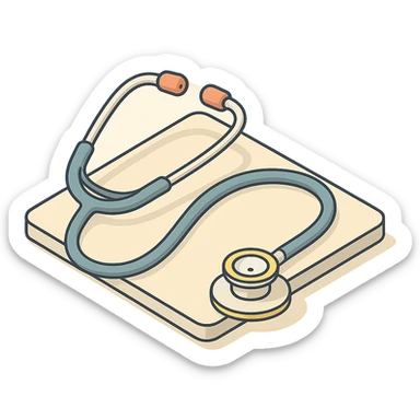 stethoscope lying on a table, isometric view, 2D isometric style, detailed drawing, detailed shadows and highlights, clean contours, soft lighting, transparent background sticker
