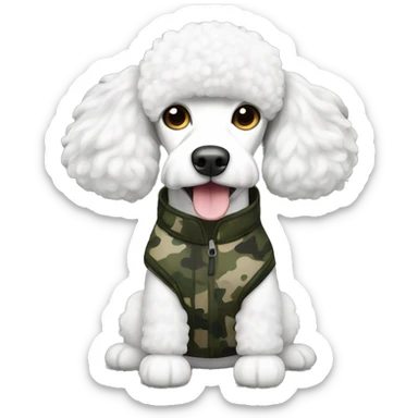 White poodle wearing camo sticker