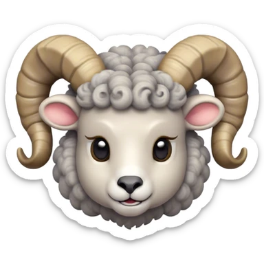 Cinematic Cute Ram Portrait Emoji, Head tilted playfully and inquisitively, featuring a dense, woolly grey fur with charming curled horns, round, sparkling dark eyes filled with curiosity, Simplified yet irresistibly adorable features, highly detailed, glowing with a warm, friendly glow, high shine, affectionate and spirited, stylized with a touch of rugged whimsy, bright and endearing, soft glowing outline, capturing the essence of a mischievous yet loving ram, so playful it feels like it could butt its way out of the screen and into your arms! sticker