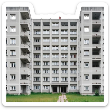 Soviet-era panel apartment building with rows of identical windows, gray concrete facade, flat roof, typical Russian multi-story residential building sticker