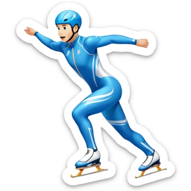 An icon showing a speed skater in a dynamic pose racing on a professional ice track, dressed in an aerodynamic suit. The scene includes a stadium with cheering crowds, icy reflections, and a snowy mountain backdrop. Transparent background captures the speed and intensity of the sport. sticker