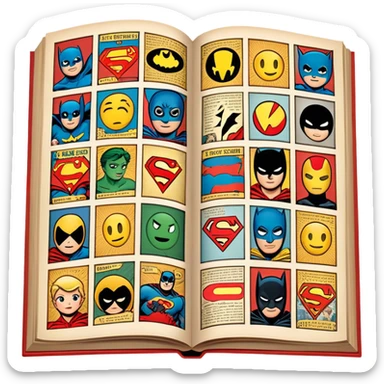 detailed and vintage-inspired emoji representing comic books and graphic novels as a storytelling art form. a large, open comic book with pages filled with classic American comic book panels. classic feel of old-school comic books a graphic novel. background transparent sticker