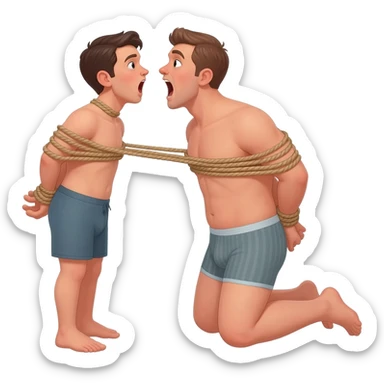 thirty year old guy wearing boxershorts standing on his knees in front of another man with mouth wide open and hands tied behind his back with ropes sticker