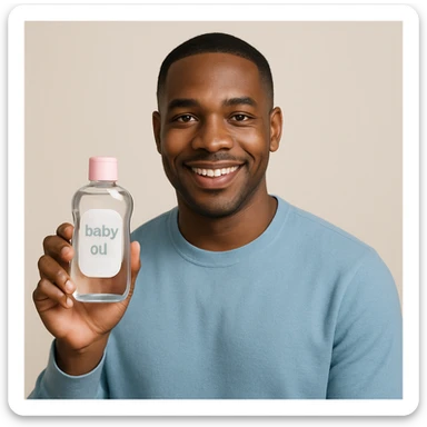 A Black man with short hair holding a bottle of baby oil, clean and approachable look sticker