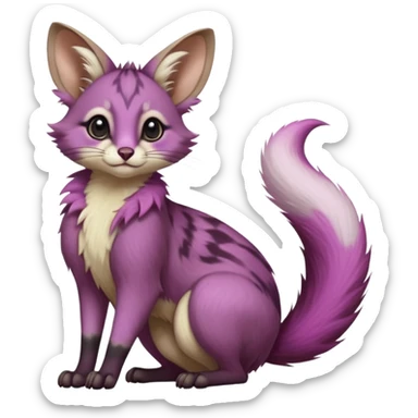 Magenta, purple-pointed, soft realistic romantic vintage antique divine beautiful elegant pretty precious cute young youthful  Fakémon-Pokémon-opossum-feline-mouse-serval-caracal-chinchilla-Minccino-Cinccino-Meowstic-rodent-hybrid-creature with a big fluffy bushy tail (full body) sticker