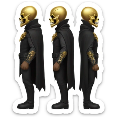 Bounty Hunter Boss with black cape and a gold skull jaw mask from death Stranding, full body view sticker