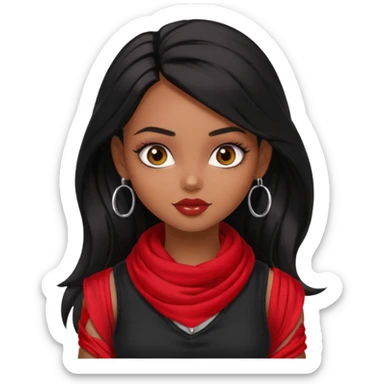 a pretty bratz dusky girl with long black hair, kajal under eyes, small silver hoop. black tank top on. Red scarf around neck sticker