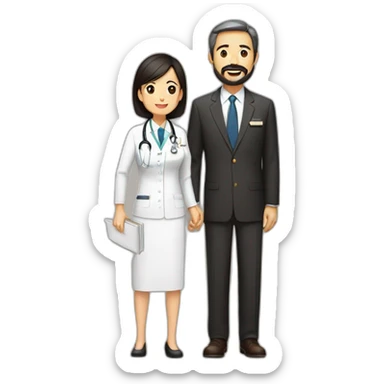 husband american age 64 dark brown hair trimmed beard wearing business suit holding bible, wife asian age 64 black shoulder length hair wearing nurse uniform, no children sticker