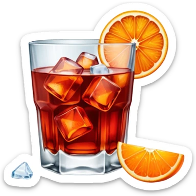 A short glass with bright red Negroni, ice cubes, and an orange wedge on top. sticker