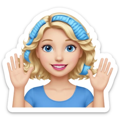 Girl Blonde short wavy hair,  blue eyes, cute blue top, long lashes, pink lips, smiling, hand in the air sticker