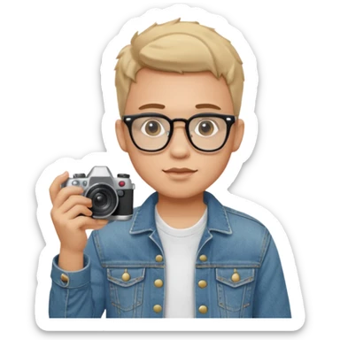 Young male, holding camera, jean jacket with white t-shirt inside, glasses


 sticker