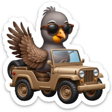 A pigeon is driving a jeep sticker