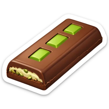 a half-eaten chocolate bar. chocolate filling - pistachio paste green sticker