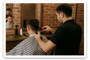 yuzi ko'rinmasin sartaroshxonada ishlayotganini tasvirlab ber mijozlarni sochini olayotganini sticker