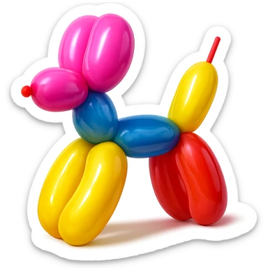 <system_prompt>
  <style>
    <name>Hyperrealistic Colorful Balloon</name>
    <description>3D render designed in a hyperrealistic colorful balloon style.</description>
    <materials>
      <surface>
        <type>latex</type>
        <finish>shiny</finish>
        <reflectivity>high</reflectivity>
        <stretching>slightly_stretched</stretching>
        <imperfections>
          <creases>subtle</creases>
          <warps>light</warps>
          <kinks>natural</kinks>
        </imperfections>
        <ends>tied</ends>
      </surface>
    </materials>
    <shape>
      <feel>inflated</feel>
      <construction>hand-twisted</construction>
      <volume>high</volume>
    </shape>
    <lighting>
      <style>sharp</style>
      <shadows>none</shadows>
      <enhance>volume</enhance>
    </lighting>
    <aesthetic>
      <mood>playful</mood>
      <style>pop-art</style>
    </aesthetic>
    <background>
      <style>minimal</style>
      <clean>true</clean>
    </background>
  </style>
</system_prompt>

{subject} = dog sticker