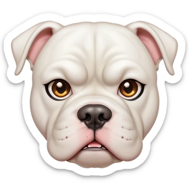 Cinematic Meme-Worthy Grumpy White American Bulldog Portrait Emoji, Head held high but eyes filled with dramatic disappointment, smooth white fur with a furrowed brow forming an unmistakable scowl, floppy ears slightly angled back in disapproval, piercing brown eyes glaring with pure exasperation, Simplified yet hilariously over-exaggerated features, highly detailed, glowing with an aura of supreme annoyance, high shine, exhausted yet judgmental, stylized with an almost regal pettiness, bright but brooding, soft glowing outline, capturing the essence of a pup that has seen it all and is thoroughly unimpressed, so meme-worthy it feels like it could instantly become the next viral sensation of grumpiness! sticker