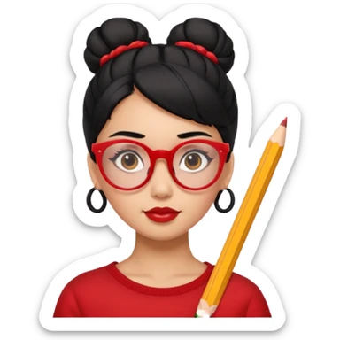 Morena girl with black hair in a pencil that creates a high bun hairstyle. She has red glasses sticker