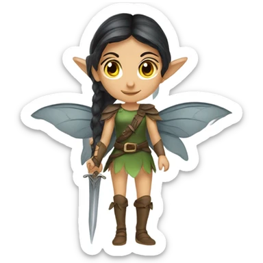 Female middle eastern, forest fairy, fairy wings, pointed elf ears, dark hair, vines, holding medieval sword sticker