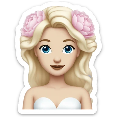 White bride with long light blonde hair and blue eyes with light pink peonies in hair white skin  sticker