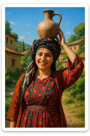 کوردی woman with traditional Kurdish scarf, balancing a water jug, smiling, village scene sticker