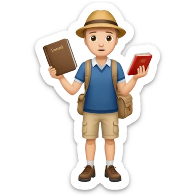 confused tourist full body, normal clothes, with a German dictionary sticker