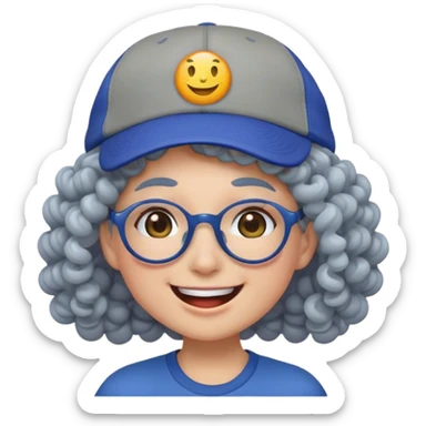 a female, yellow faced emoji, simple style, big smile, winking, blue ball cap on backwards, cartoon, curly grey hair, no eye color, glasses sticker