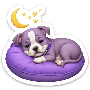 purple moon with a sleeping grey bull dog puppy with a purple collar sticker