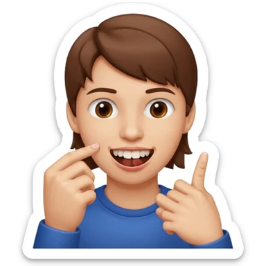 Con una sonrisa en la cara mientras muerde la punta del dedo indice en la boca son sus dientes sticker