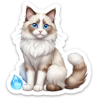 cinematic-[brown and white ragdoll cat]-realistic-full-body-sitting-emoji,-tail-curled-playfully-around-its-paws,-head-tilted-dramatically,-fluffy-[brown and white]-fur,-simplified-yet-realistic-focused-features,-highly-detailed,-glowing-with-an-almost-sarcastic-glow, with blue eyes sticker