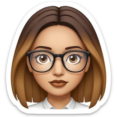 Light skinned Woman with dark roots brown long balayaged lengths and quadratic thin glasses sticker