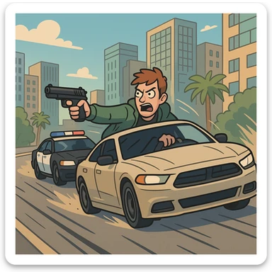 GTA5 style car chase scene, dynamic action, cityscape, vibrant colors, comic book style sticker