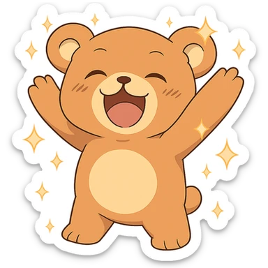 Add magical sparkles around the chibi happy bear. Keep the image with no background. sticker