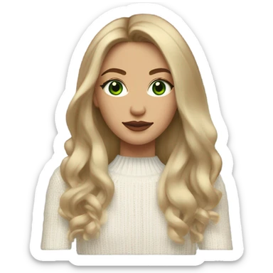 light medium skin, high cheekbone, solo dark blonde girl with green eyes, medium bust, white sweater, long blow out hair, baddie, middle part, sultry sticker