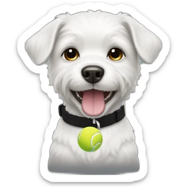 Small white dog with a tennis ball and a black collar  sticker