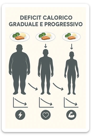una sequenza di tre sagome umane affiancate, ognuna rappresenta una fase diversa di perdita di peso graduale. Sopra ogni figura, un piatto mostra porzioni di cibo bilanciate ma leggermente ridotte. Frecce e grafici illustrano una diminuzione lenta e costante dell’apporto calorico giornaliero, con icone che rappresentano energia, salute e mantenimento della massa muscolare. Sfondo pulito e moderno, con etichette chiare che spiegano “deficit calorico graduale e progressivo” in italiano sticker
