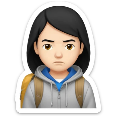 college student with annoyed face , black hair , with hoodie and backpack sticker