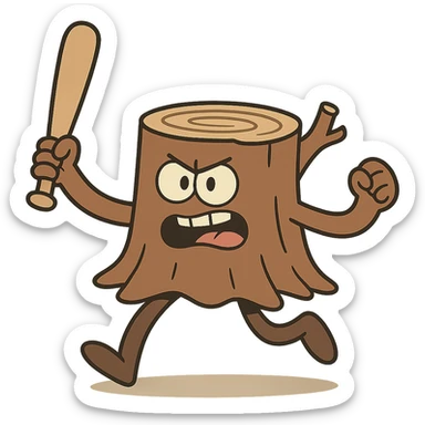 playful tree stump with arms and legs holding a baseball bat in an energetic pose sticker